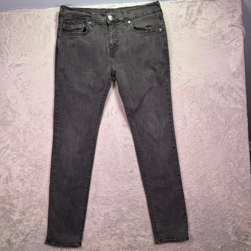 True Religion Mens Rocco Relaxed Skinny Jeans 38 Faded Black Flap Pocket Stretch